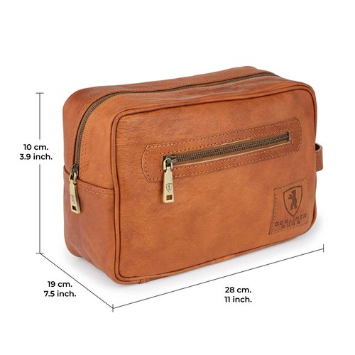 BERLINER BAGS Vintage Genuine Leather Toiletry Bag Paul, Large Capacity Cosmetics Bag for Men and Women for Travel - Brown (1 Compartment)