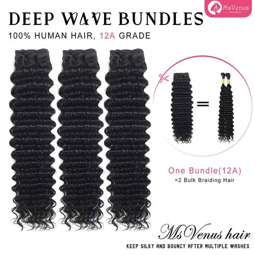msVenus 12A Deep Wave Bundles Human Hair 24 Inches, 100% Unprocessed Indian Human Hair Bundles Wet and Wavy Raw Virgin Hair One Bundles Deal Curly Weave Bundles(Natural Color, 24 Inches)