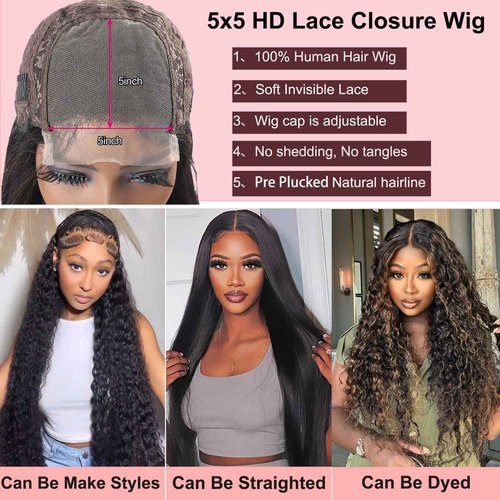 SODLIS 5x5 HD Lace Closure Wigs Human Hair Wear And Go Glueless Wigs Human Hair Pre Plucked With Baby Hair Ready to Go Deep Wave Lace Front Wigs Human Hair for Women (Black, 22 Inch, Curly)