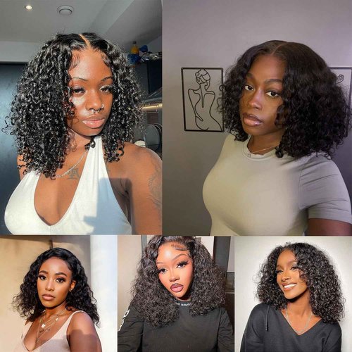 YINGRUN Deep Wave Bob Wig Human Hair 14 Inch Glueless Wigs HD Lace Closure Wig Human Hair Curly Wig Natural Black