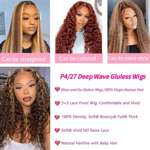 Wighottie Wear and Go Glueless Highlight Ombre 4/27 Human Hair Wigs Deep Wave Curly Wet and Wavy Lace Front Pre Plucked Pre Cut 5x5 HD Lace Closure Wigs for Black Women （4/27 24 Inch）