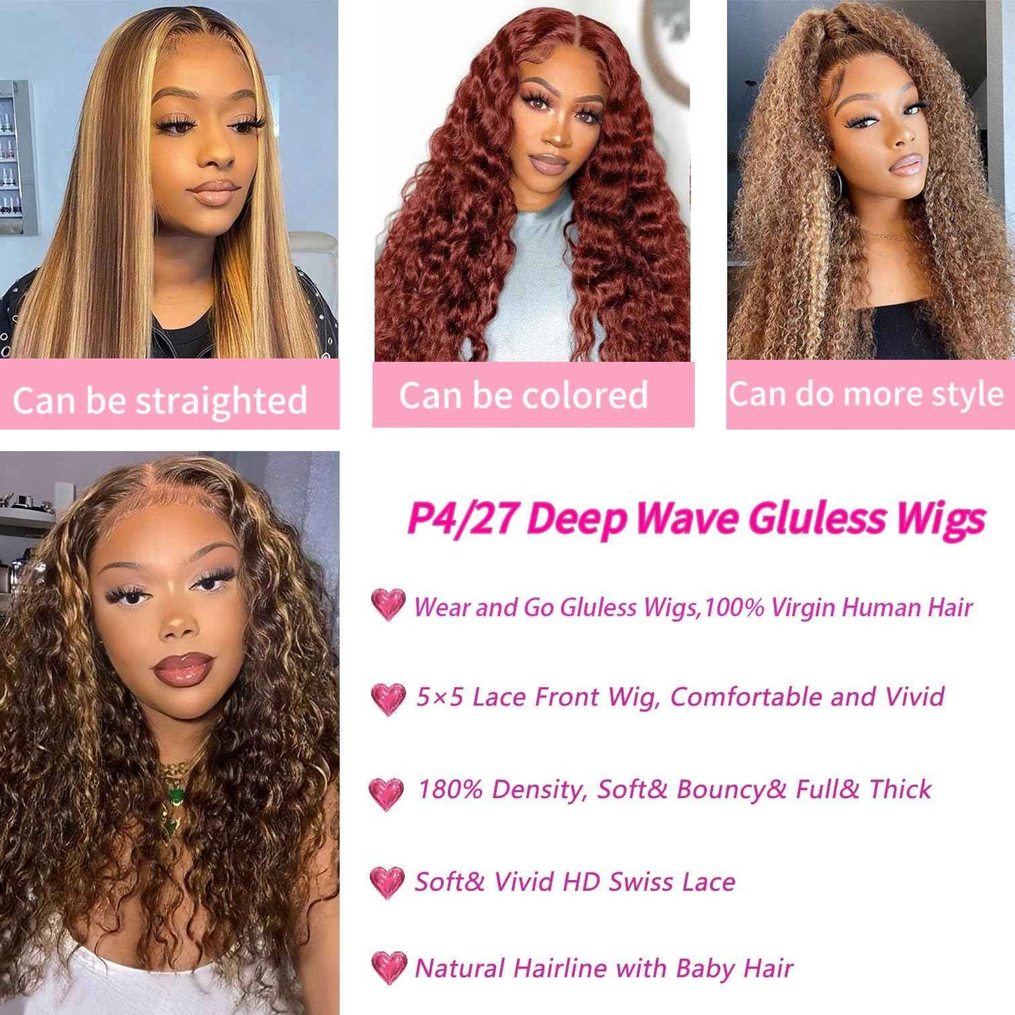 Highlight Ombre 4/27 Human Hair Wear and Go Glueless Wigs Deep Wave Curly Wet and Wavy Lace Front Pre Plucked Pre Cut 5x5 HD Lace Closure Wigs for Black Women (highlight ombre 4/27, 22 Inch)