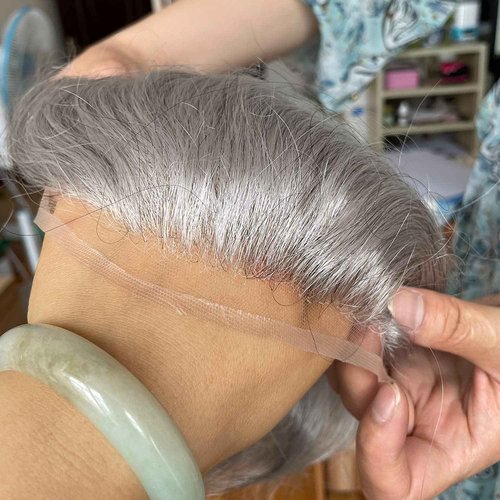 Dreambeauty Human Hair Toupee for Men 10x8 inch, European Human Hair Lace Front Natural Hairline Hair Pieces 0.08mm Thin Skin PU V-looped Men's Hair Replacement System (20% #1B Color Mixed 80% Grey Synthetic Hair)