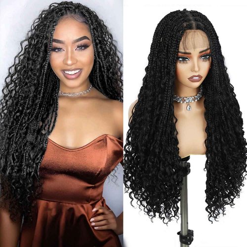 Fancy Hair Braided Wig Square Knotless Boho Box Braided Wigs with Curly Ends Full Double Lace Glueless Braids Wig with Baby Hair Synthetic Black Braided Wig for Black Women