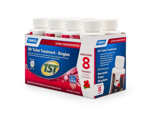 Camco TST MAX RV Toilet Treatment - Formaldehyde Free - Breaks Down Waste And Tissue - Septic Tank Safe - Treats up to 8-40 Gallon Holding Tanks -Hibiscus Breeze Scent, (8) 4 oz Bottles (41601)