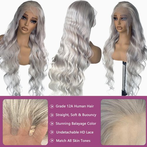 Ubetta Grey Lace Front Wig Human Hair Body Wave Silver Grey 13x6 Lace Front Wigs Human Hair, Glueless Gray Wig Human Hair Pre Plucked 20 Inch Body Wave Gray Wigs for Black Women 180% Density