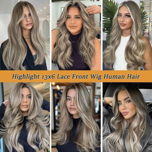 Ombre Highlights Ash Brown Wigs Human Hair for White Women 18 Inch Pre Plucked 13x6 Balayage Blonde HD Lace Front Wig Human Hair with Dark Roots Glueless Straight Wig 180% Density Full End