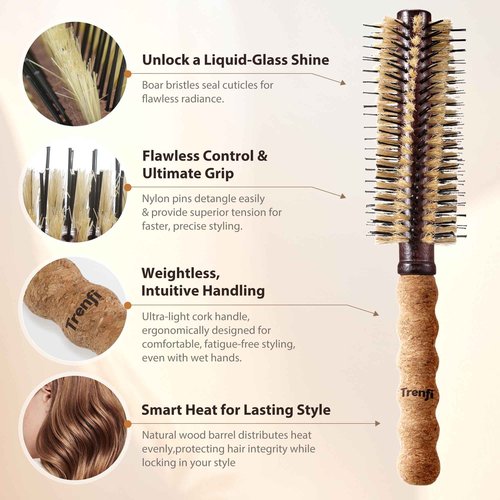 TRENFI Professional Boar & Nylon Bristle Brush | Extra-Large Barrel for Rapid Blowouts | Perfect-Control Ergonomic Cork Handle | Sweeping Volume & Liquid Shine for Long, Thick & Coarse Hair