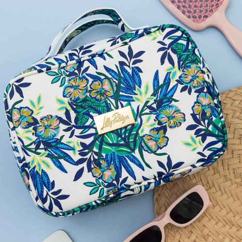 Lilly Pulitzer Cosmetic Case with Two Zippered Pockets, Vinyl Window, and Handles, Easy to Clean Travel Toiletry Bag, Travel Makeup Bag with Gold Details, The Hottest Spot