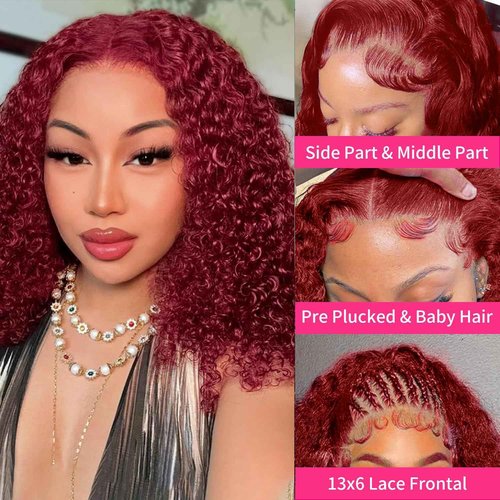 Bob Wig Human Hair 99j Burgundy 13x6 Deep Wave HD Lace Front Wigs Human Hair 250% Density Burgundy Bob Curly Lace Frontal Wigs Brazilian Virgin Human Hair Wigs Pre Plucked with Baby Hair (#99j,8Inch)