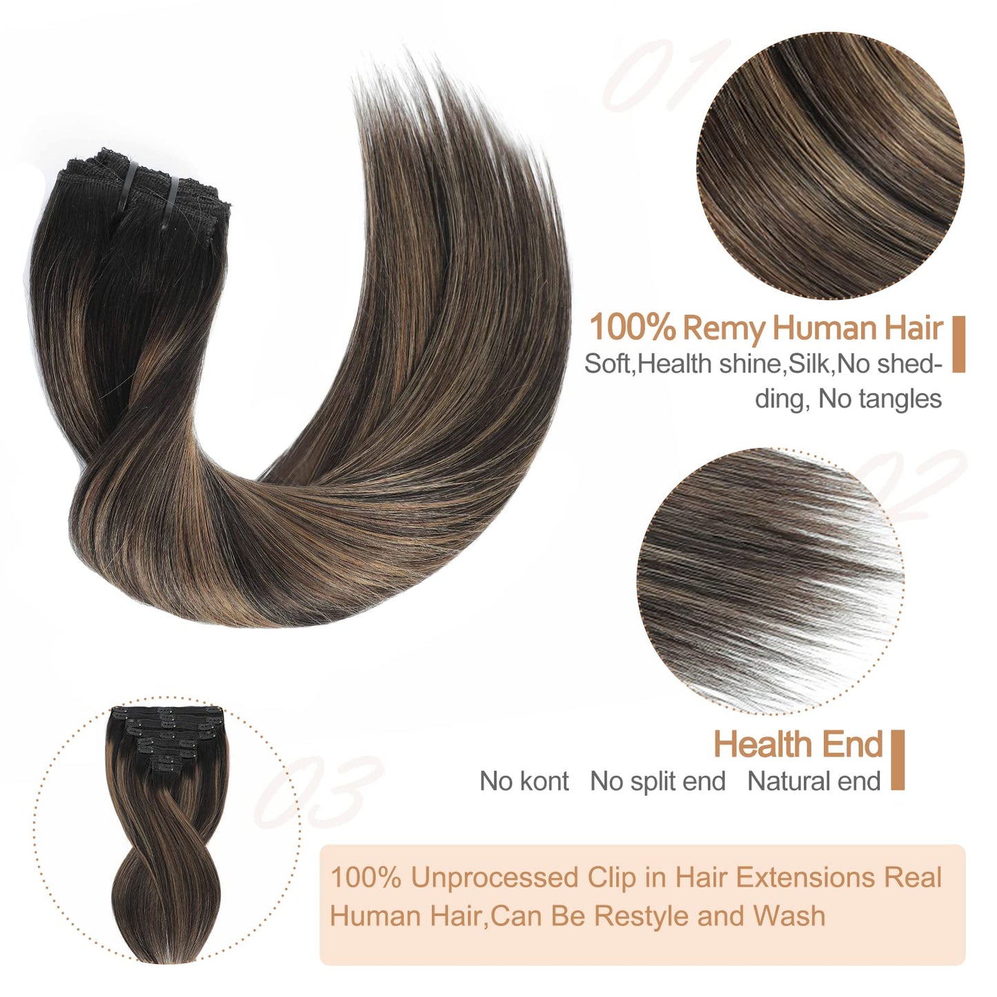 Goulus Human Hair Extensions Clip in 8PCS 120g Balayage Natural Black Mixed Chestnut Brown Remy Human Hair Clip ins Hair Extensions Real Human Hair Extensions(1B/6/1B,16inch)