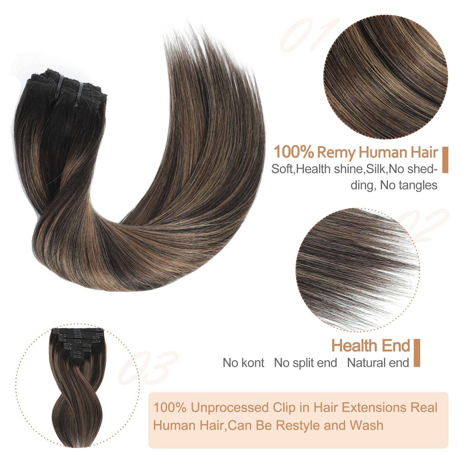 Goulus Human Hair Extensions Clip in 8PCS 120g Balayage Natural Black Mixed Chestnut Brown Remy Human Hair Clip ins Hair Extensions Real Human Hair Extensions(1B/6/1B,16inch)