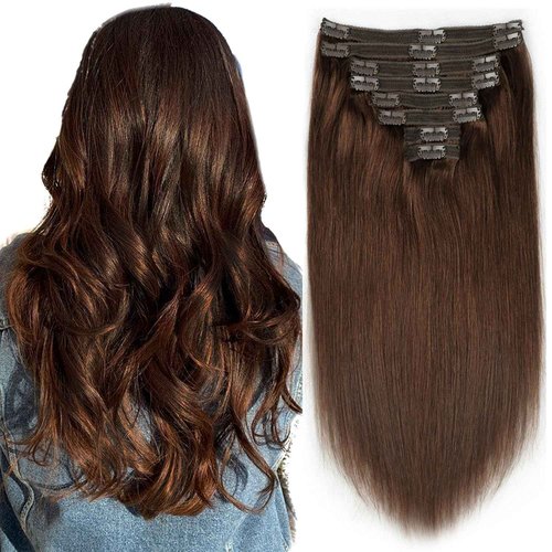 Hair Extensions Real Human Hair Chocolate Brown Remy Human Hair Extensions Clip in Natural Hair Extensions Straight Real Hair Extensions 120g 8pcs (18 inch, #4)