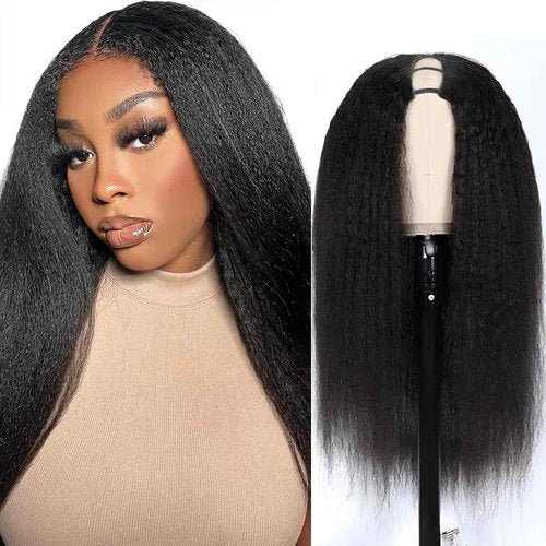 Ainmeys Kinky Straight U Part Wigs 200% Brazilian Yaki Straight Upgrade U Shape Human hair Wigs With Drawstring for Women No leave out wear and go Glueless Clip In Half Wigs (16INCH)