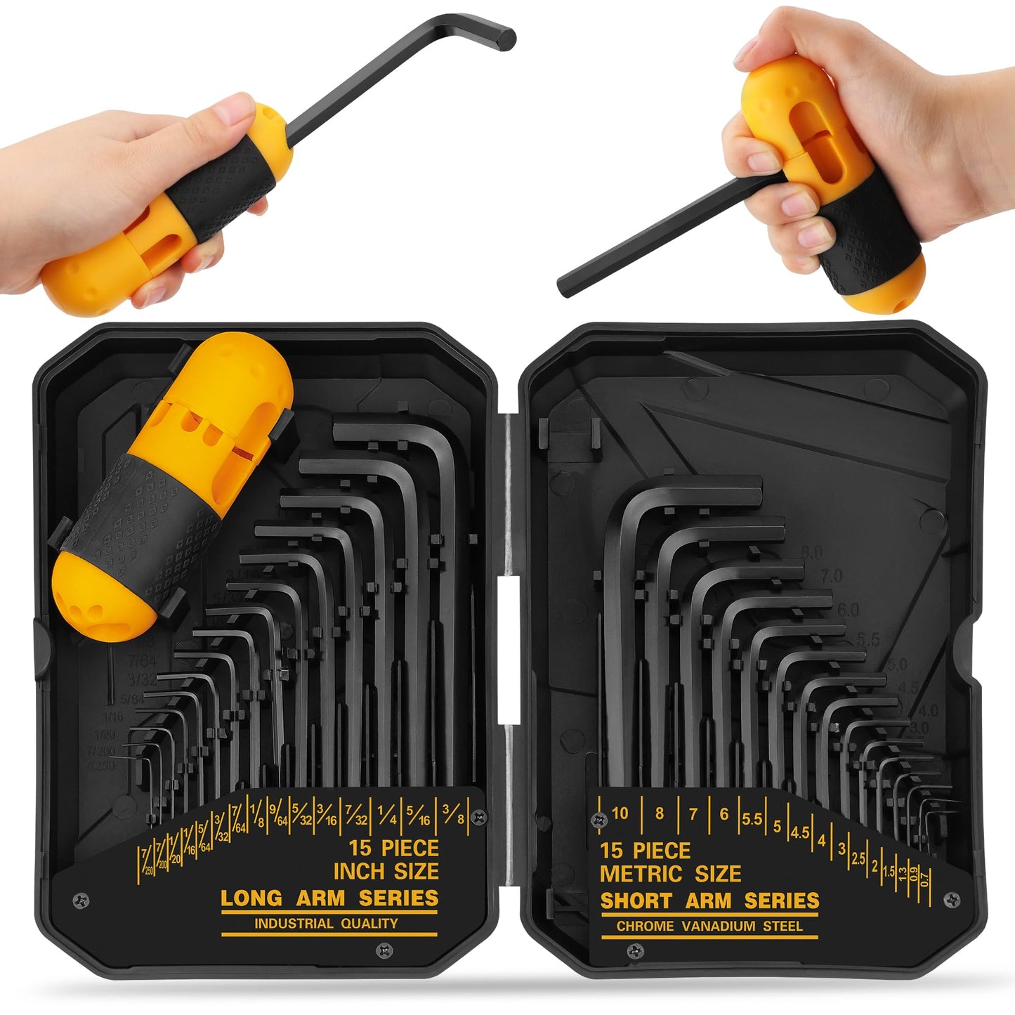 31-Piece Hex Key Set - Allen Wrench Set, SAE and Metric Allen Keys MM(0.7mm-10mm) SAE(0.028"-3/8) Heat-Treated, Torque Handle, High Leverage, Long & Short Keys, Easy Organization