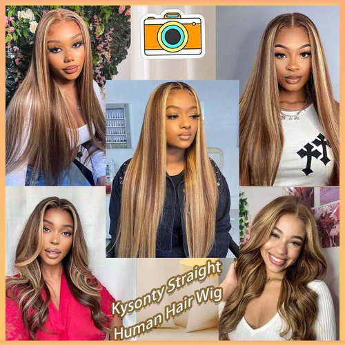 Kysonty 24 Inch Honey Blonde Ombre Lace Front Wig, Human Hair, Highlight, Straight, 180 Density, Glueless, 13x6 HD Lace Frontal Wig for Black Women, Pre-Plucked With Baby Hair, 4/27 Colored