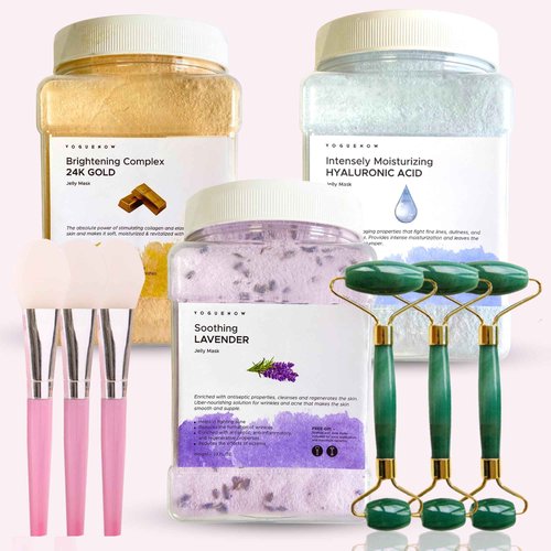 VogueNow Jelly Face Mask for Facials - 24K Gold + Lavender + Hyaluronic Acid (Pack of 3) - Hydrating Brightening & Nourishing - Free Jade Roller & Spatula - Professional Hydrojelly Masks - 69 Oz Jar