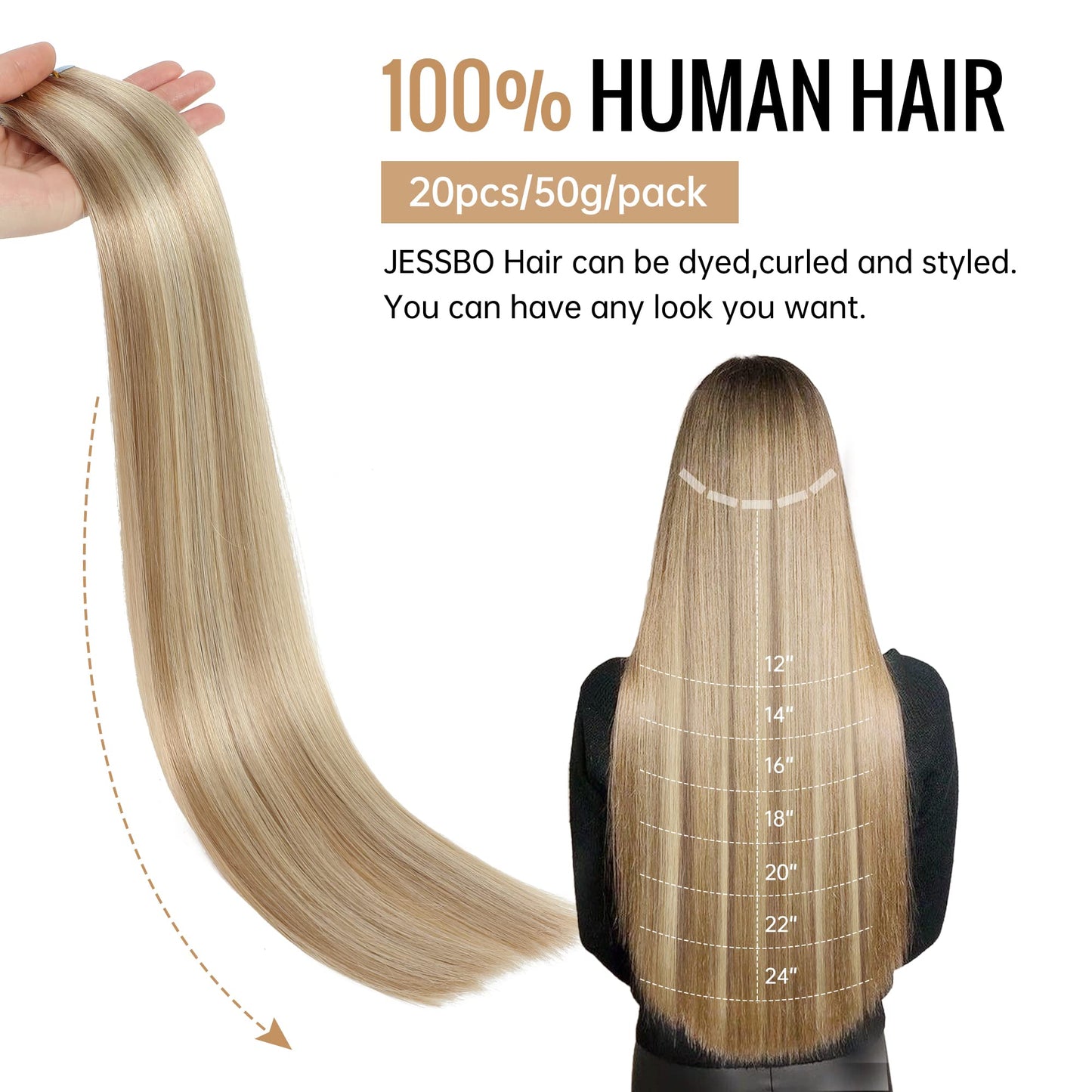 JESSBO Tape in Hair Extensions Human Hair Ash Blonde Highlighted Bleach Blonde 24 inch 20pcs 50g/pack Straight Seamless Skin Weft 100% Real Human Hair (24 Inch #P18/613)