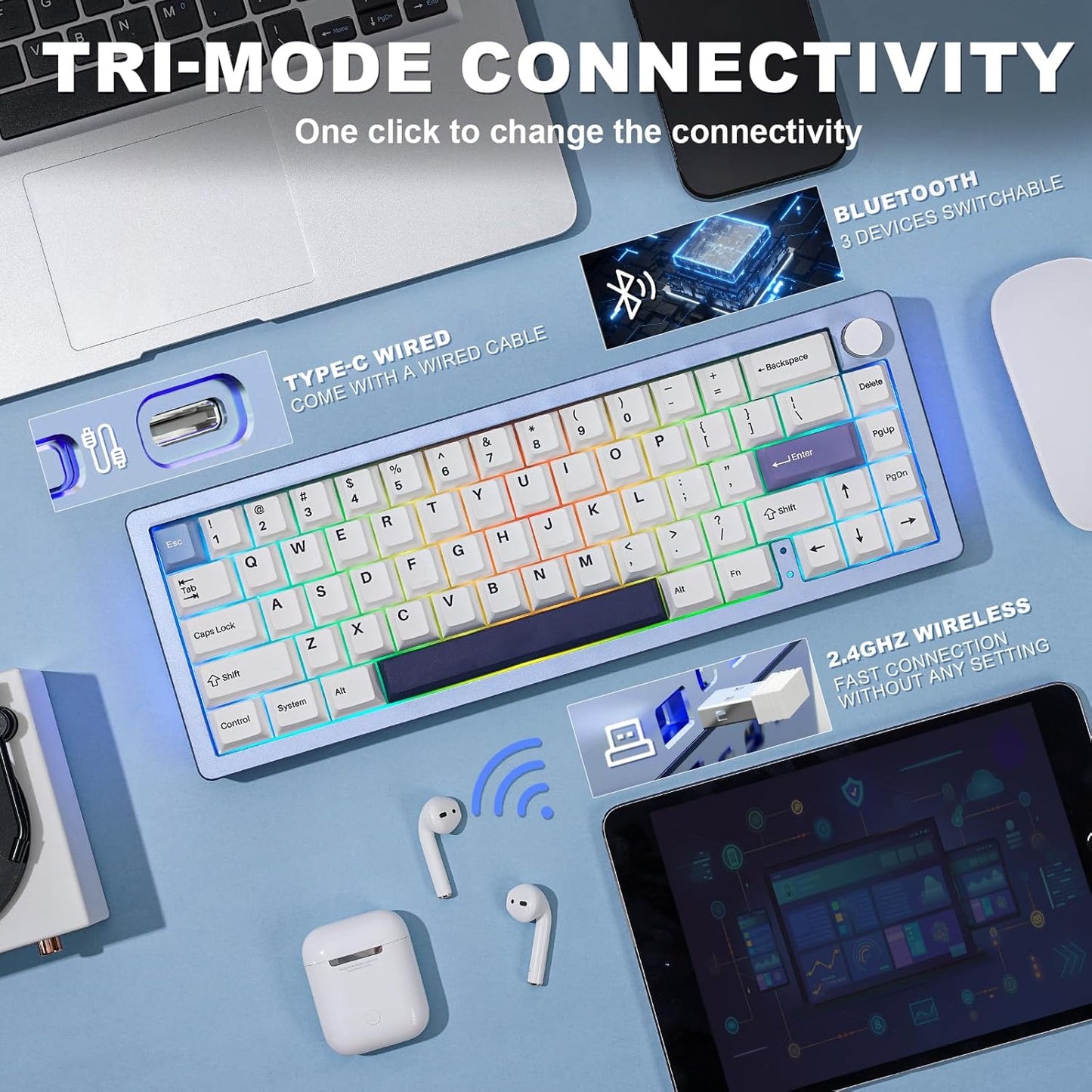 YUNZII AL66 Wireless Mechanical Keyboard(Milk Switch, Blue), 136 Keys MOA Keycaps(Purple)