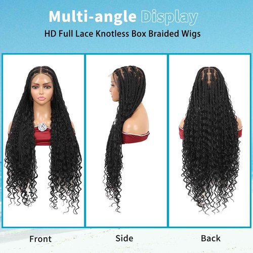 Esnccur 360° HD Full Lace Knotless Boho Braided Wigs for Women Box Braid Wig with Baby Hair Premium Synthetic Braided Lace Front Wigs Black 36 Inch