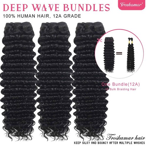 Troskamar Deep Wave Bundles Human Hair 12A Brazilian Curly Human Hair 3 Bundles for Black Women 20 22 24 Inch 100% Unprocessed Wet and Wavy Bundle