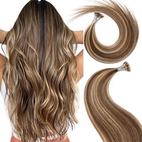 MioYio Nano Hair Extensions Human Hair P4/16#-Dark Brown Mixed With Gold 22inch 40G/40S/Pack Nano Bead Hair Extensions Human Hair Nano Ring Hair Long Straight For Women