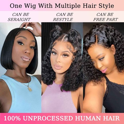 13x6 Bob Wig Human Hair Deep Curly Frontal Lace Wig Human Hair HD Transparent Lace Front Wigs Pre Plucked Lace Frontal Wigs Natural Black 16 Inch