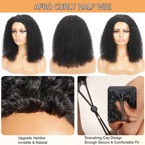 UWLK Half Wig Human Hair Curly 20 Inch 200 Density Glueless Jerry Curly Human Hair Half Wigs For Black Women 3 In 1 Seamless Flip Over Wear Go Beginner Friendly Curly Wig Natural Color