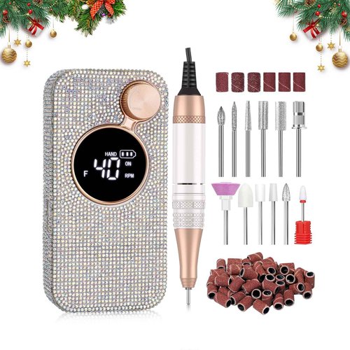CHRISTINE SHELLY Electric Nail Drill,40000RPM Cordless Nail File Diamond with 12 Drill Bits for Acrylic Nails Gel Polishing,E File Nail Kit Machine for Manicure Salon Home (AB White Diamond)