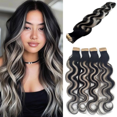 Tape in Hair Extensions Human Hair 26 Inch Body Wave Natural Black Hair Balayage Silver Grey Highlights Hair Extensions Real Human Hair Tape ins for Black Women 20 PCS Double Sided Tape Hair 50G