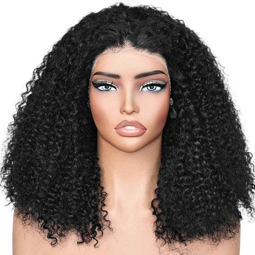 UREMY Afro Kinky Curly Wig Human Hair, 13x4 Lace Front Curly Afro Glueless Wigs 180 Density, Pre Plucked Transparent Lace Frontal, Brazilian Human Hair Bob Wig for Women, Natural Black 18 Inch