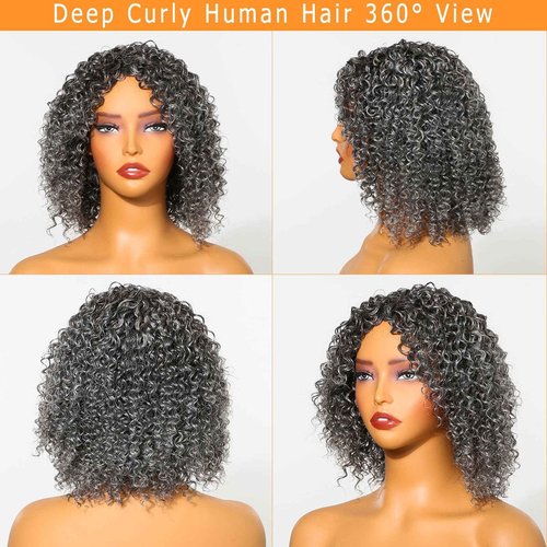 HANASCC Salt and Pepper Wigs for Women Deep Curly Grey Glueless Wigs Human Hair Mixed Kinky Curly Deep Wave Gray human hair Short Wigs for Women 10 Inch