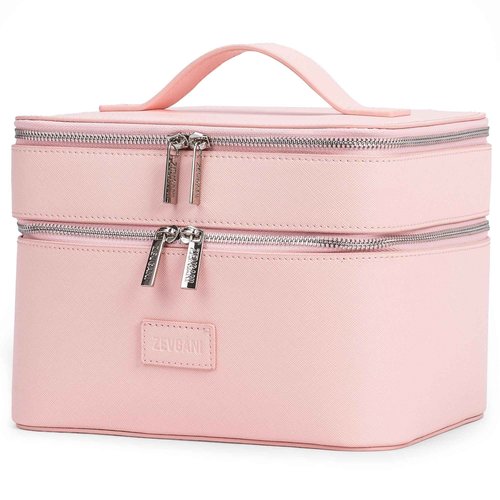 ZEVGANI Vanity Case Leather Makeup Bag with Mirror, Large Travel Toiletry Bag Make up Cosmetic Organizer Dual Compartments Brush Storage & Removable Divider for Full-Size Toiletries Skincare, Pink