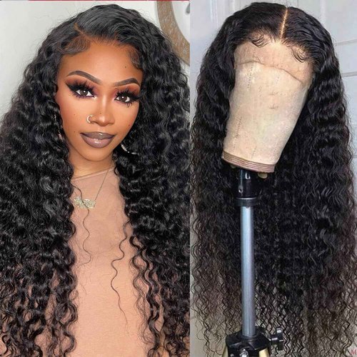 LEFGODY 13x4 Deep Wave Lace Front Wigs Human Hair HD Transparent 180 Density Deep Curly Human Hair Wig Wet and Wavy 13x4 Lace Frontal Wigs Pre Plucked for Women Natural Black 24 Inch