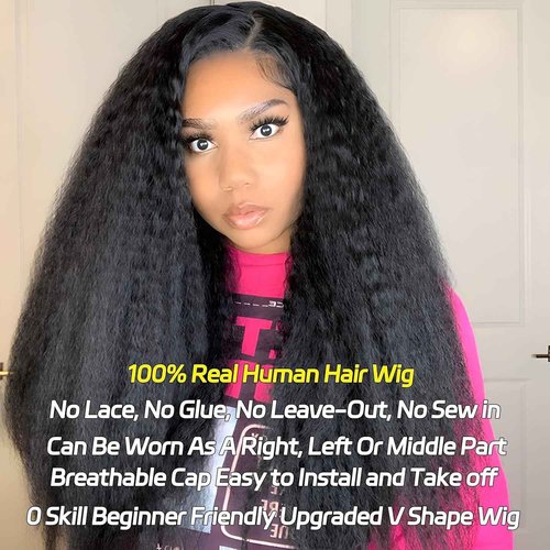 Prtyopp V Part Wig Human Hair Kinky Straight 20 Inch Vpart Human Hair Wig Upgrade U Part Wig Yaki Straight Clip in Half Wigs for Black Women Glueless No Leave Out 180% Density Natural Color