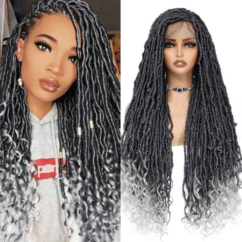 ROSEBONY 36" Full Lace Goddess Faux Locs Wig for Black Women Premium Hand-Braided Japanese Synthetic Fiber Wigs with Baby Hair Glueless Design Goddess Inspired Style Wigs with Curly Ends