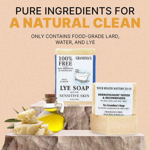 CLASSYONE Grandma’s Pure Lye Soap Bar for Sensitive Skin, Unscented 6 oz – 12 Pack | Face & Body Wash for Dry, Itchy Skin | Free of Dyes, Detergents & Fragrance + Bonus Baby Powder Air Freshener