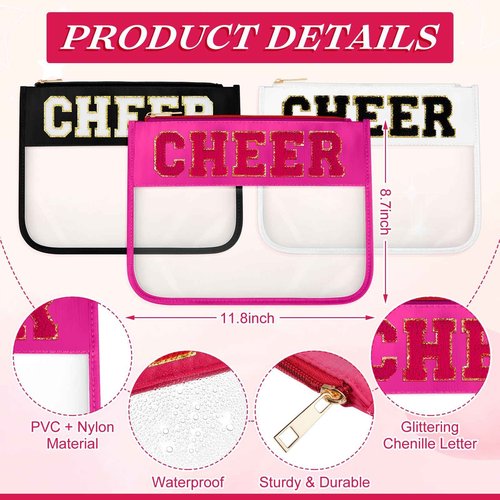 Aliceset 12 Pcs Cheer Chenille Letter Bags, Clear Makeup Cosmetic Bag for Cheerleader Gifts, Preppy Patch Zipper Pouch, Waterproof PVC Travel Toiletry Organizer Women Girls (Black, White, Hot Pink)