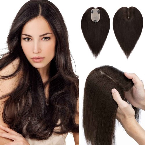 Hairro Human Hair Toppers for Women, Clip in Real Hairpieces, 130% Density 3"x5" Silk Base with Free Parting, for Covering Greyish Thinning Hair Loss/Adding Volume, 6 Inch Dark Brown