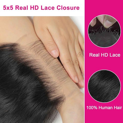 5x5 HD Lace Closure Human Hair Body Wave No Bleached Knots Invisible Pre Plucked Brazilian Virgin Human Hair Frontal Natural Black 18 Inch