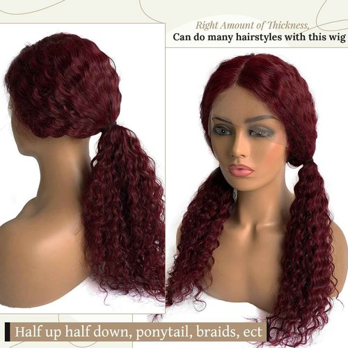 Licoville 99J Burgundy Lace Front Wigs Human Hair Middle Part Deep Wave HD Lace Frontal Wigs for Black Women Pre Plucked Dark Red Short Curly Human Hair Wig 12 Inch 180% Density