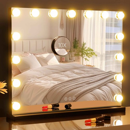 NUSVAN Vanity Mirror with Lights Lighted Makeup Mirror with 15 Dimmable LED Bulbs,3 Color Lighting Modes,USB Charging Port Touch Control,Sturdy Metal Frame Design 22.8x18 Inch,Black