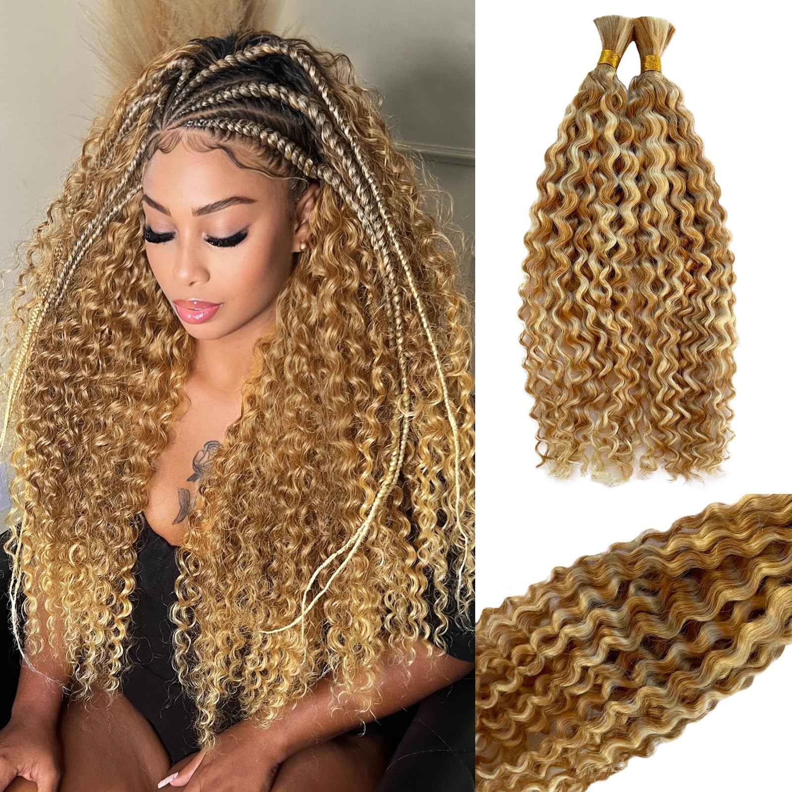 Highlighted Human Braiding Hair 24 Inch Water Wave Bulk Human Hair for Braiding No Weft 100% Unprocessed Ombre Blonde Curly Micro Human Hair Braiding Hair Extensions for Boho Braids Wet and Wave 100g