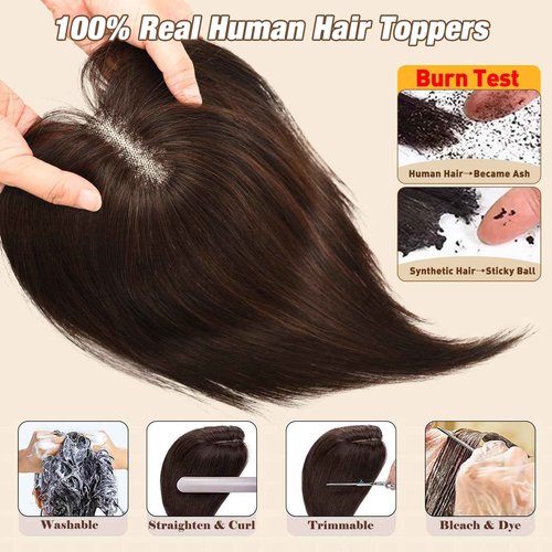 POWERASIA Large Coverage 5.1x5.9inch Hair Toppers for Women Real Human Hair No Bangs Swiss Base Wig Topper Womens Hair Topper for Thinning Hair 150% Density Remy Hair Wiglets #2