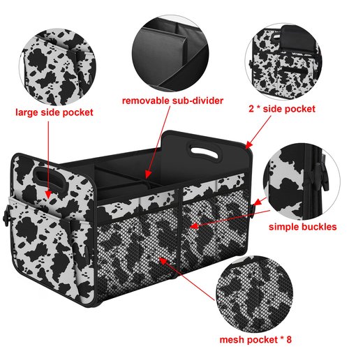 Femuar Car Trunk Organizer,Car Storage Organizer with 72L Large Capacity Waterproof Collapsible and 11 Pockets,Trunk Organizer for Car Suv/Jeep/Sedan, Large Size, Cow print