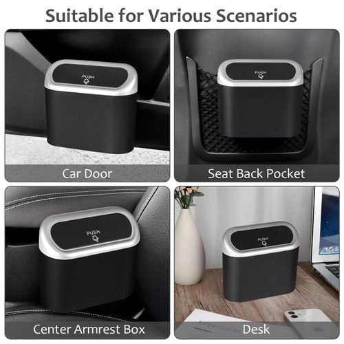 Accmor Car Trash Can with Lid, Mini Vehicle Trash Bin Car Dustbin Garbage Organizer Holder with Trash Bag, 2 Pack Small Hanging Leakproof Cars Storage Bag Container for Auto, SUV, Office (Silver)