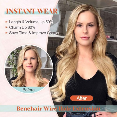 Benehair Halo Hair Extensions Real Human Hair, Halo Hair Extension 100% Human Hair, Wavy Halo Extensions Human Hair, Curly Human Hair Halo Extensions, Wire Hair Extension, Natural Black 60g/14inch