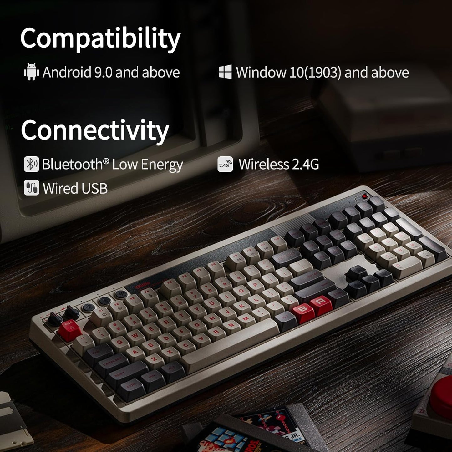 AKNES 8BitDo Retro 108 Mechanical Keyboard, Hot Swappable Gaming Keyboard with 108 Keys&Integrated Numpad, Dual Super Buttons, Bluetooth/2.4G/USB-C Keyboard for Windows & Android - N Edition