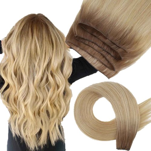 ABH AMAZINGBEAUTY HAIR Genius Weft Hair Extensions Human Hair Sew in Hair Extensions Real Human Hair Weft Extensions Hand Tied Virgin Hair 50G, #R6/18/613 Root Chestnut Brown Highlight Blonde 16 Inch