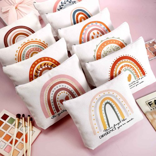 Sieral Rainbow 50 Pcs Canvas Makeup Bags Bulk Inspirational Quotes Cosmetic Bags Makeup Pouch with Zipper for Women Teacher Appreciation Thank You Gifts for Teacher Volunteer Employee Coworker